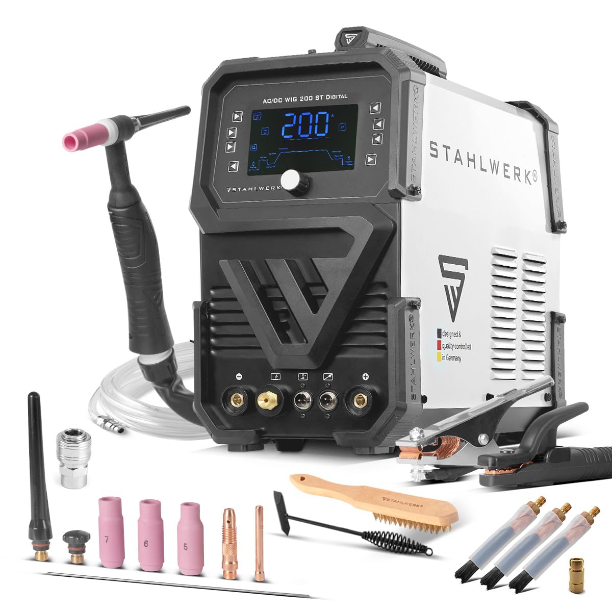 STAHLWERK Schutzgasschweißgerät 3-in-1 Kombi AC/DC WIG 200 ST Digital – WIG & MMA (E-Hand/ARC) bis 200 A, Clean-Modus zur elektrochemischen Reinigung von Edelstahlschweißnähten, HF-Zündung, Spot