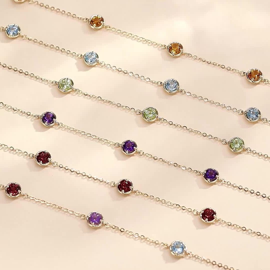 FANCIME Solide 14 Karat 585 Gelb Gold Armband mit Natürlichem Peridot Citrin Topas Granat Amethyst für Damen Mädchen - Armbandlänge: 17 + 3 cm