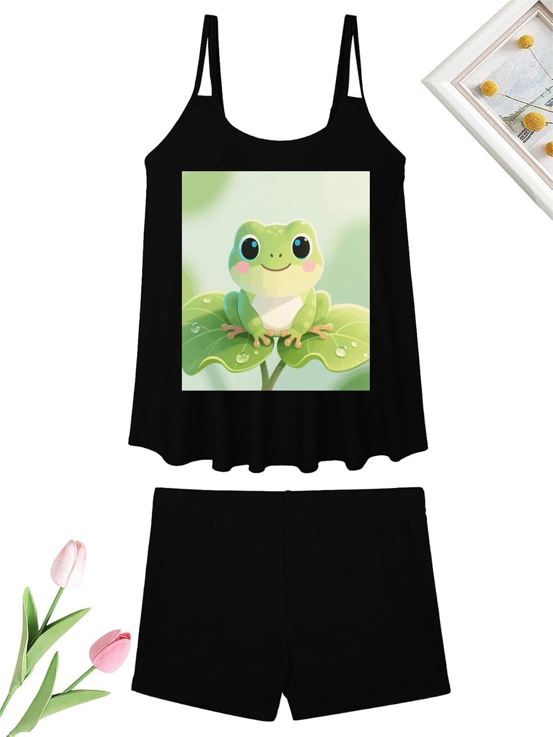 Cute Frog Tankini Swimsuits for Women Tummy Control Two Piece Bathing Suits Swim Tops with Boy Shorts