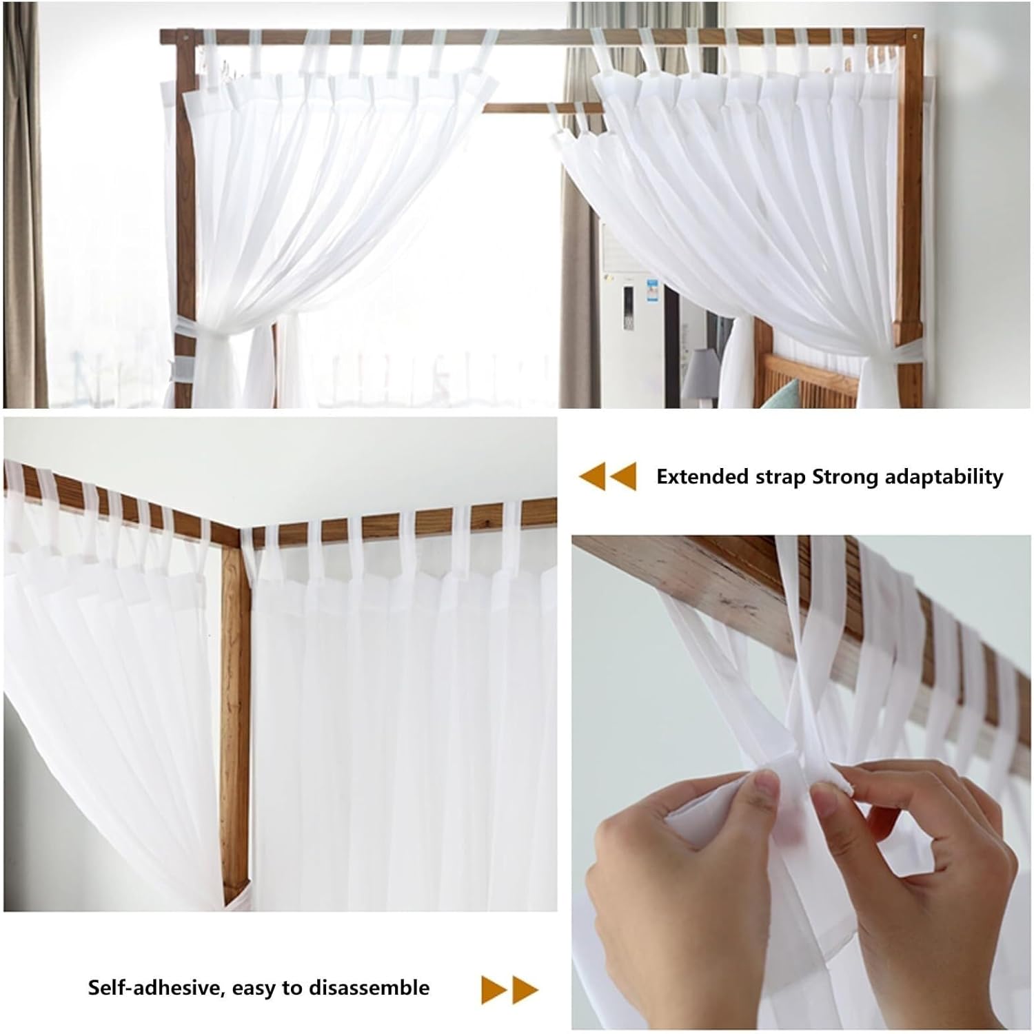 Canopy Bed Board with Top and Self-Adhesive Hook and Loop Fasteners Strips, White Gauze Princess Bed Canopy Curtain Tent, Create A Romantic Room Atmosphere(King/Cking,Black)