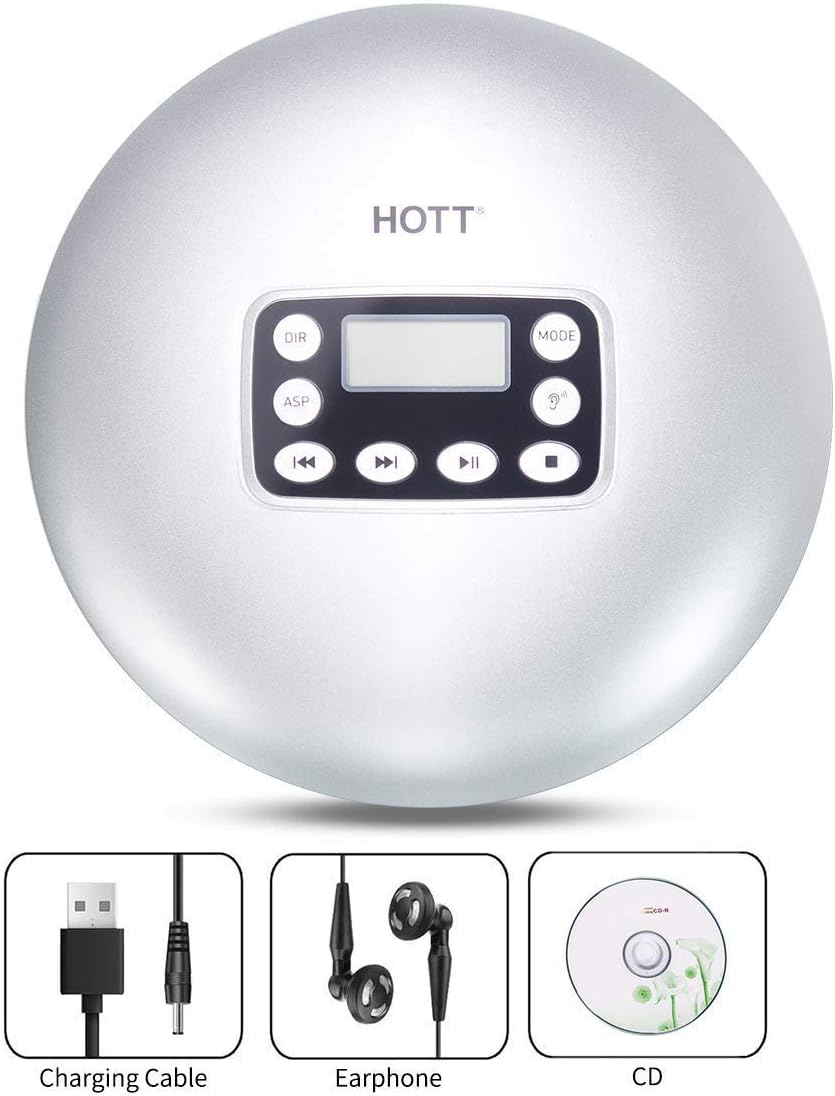 Portable CD Player, HOTT CD611 Personal Compact Disc Player with with LCD Display, Stereo Earbuds and USB Charging Cable, Electronic Skip Protection Anti-Shock Function - Silver