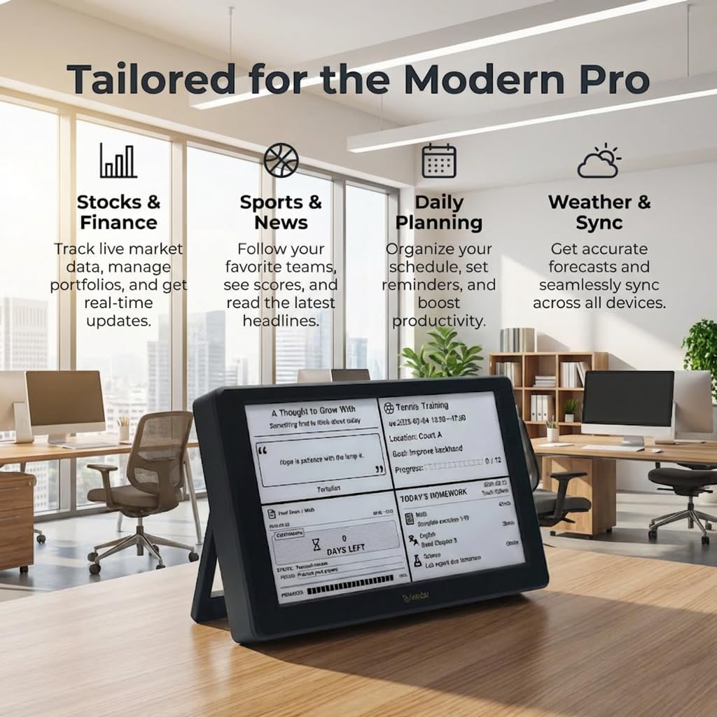 V2 Smart Digital Dashboard, 7 Inch E-Paper Customizable Display with Rechargeable Battery, Wi-Fi Information Hub for Finance, News, Calendar, Sports Cards & Global Time, Home Office Decor (Black)