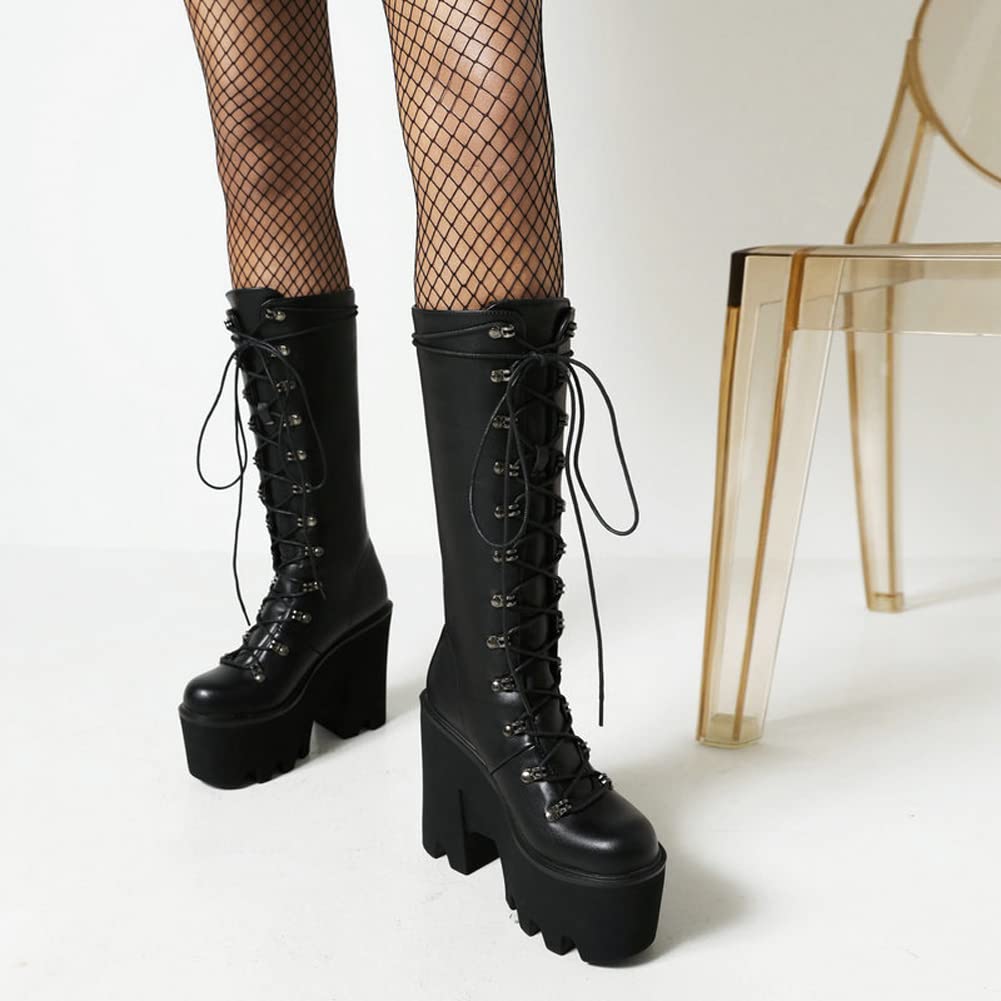 Botas Media Pantorrilla con Plataforma para Mujer Tacón Ancho con Cordones Botas Militares Punk Góticas