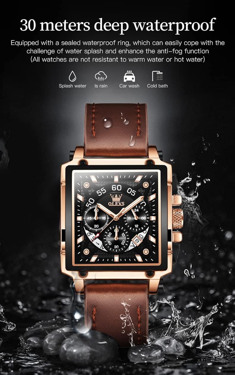 Miniatura 5 de OLEVS Relojes cuadrados para hombre de cuero marrón cronógrafo moda reloj de negocios luminoso impermeable casual relojes de pulsera