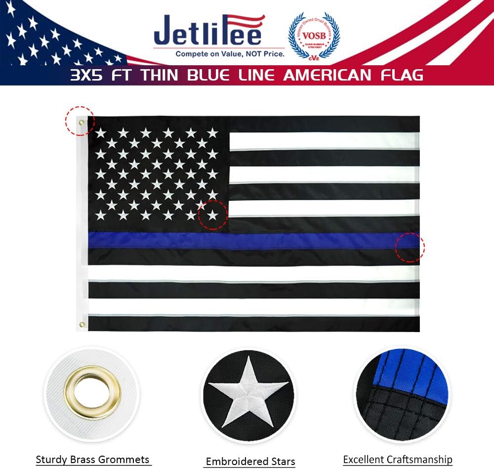 Jetlifee Black White Thin Blue Line American Flag 3x5 Ft Heavy-Use Polyester Embroidered Stars Sewn Stripes Fast Dry, All Weather USA Flag-Honoring Law Enforcement Officers