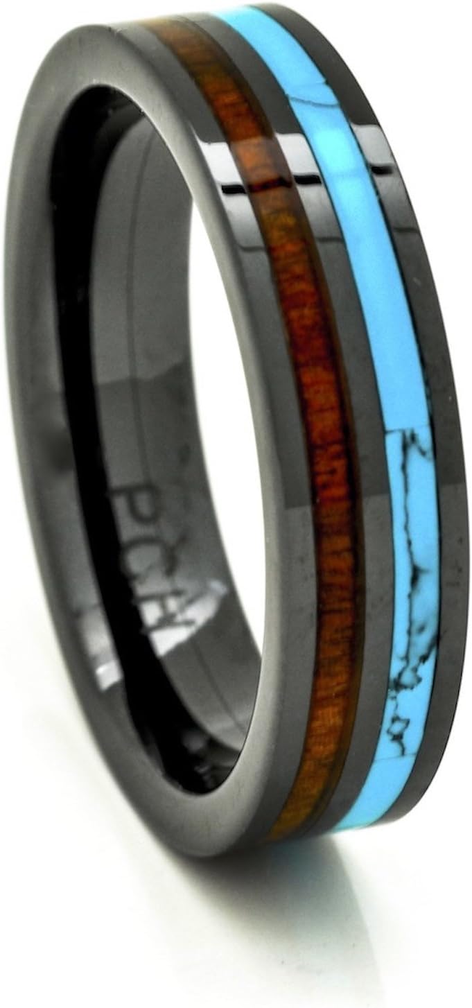 PCH Jewelers Mens Womens Koa Wood Wedding Band or Gift Turquoise 6mm Black Ceramic Size 6-15