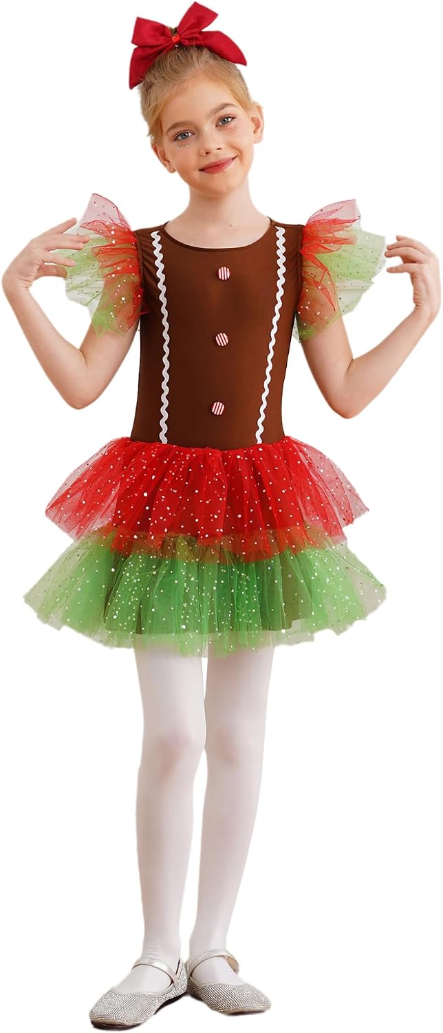Hansber Gingerbread Man Costume for Kids Sleeveelss Mesh Tulle Dress Gingerbread Girls Dress Christmas Dance Costume