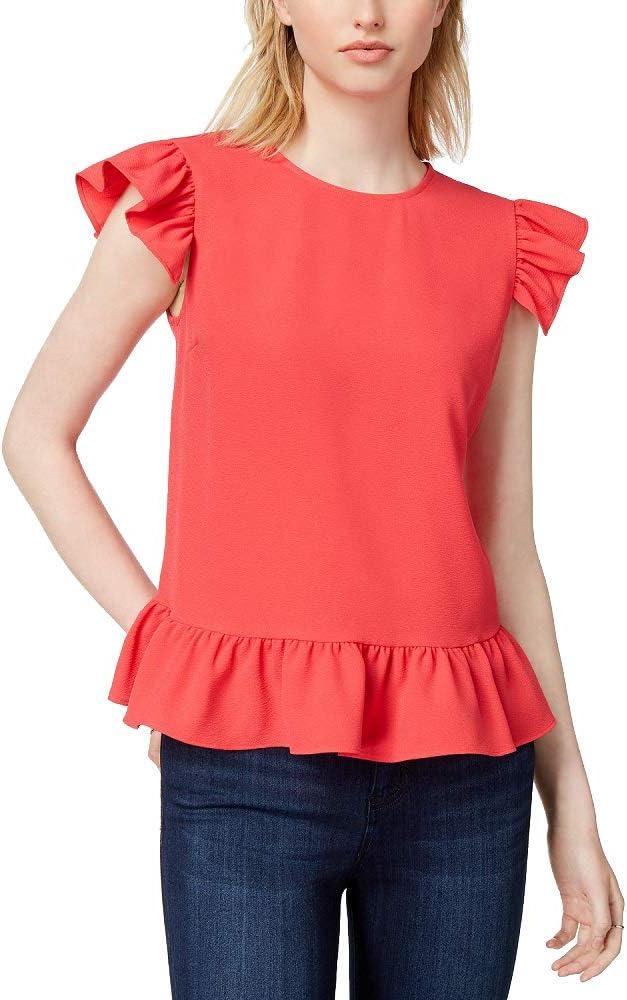 Womens Ruffled Flutter Sleeves Blouse Pink S