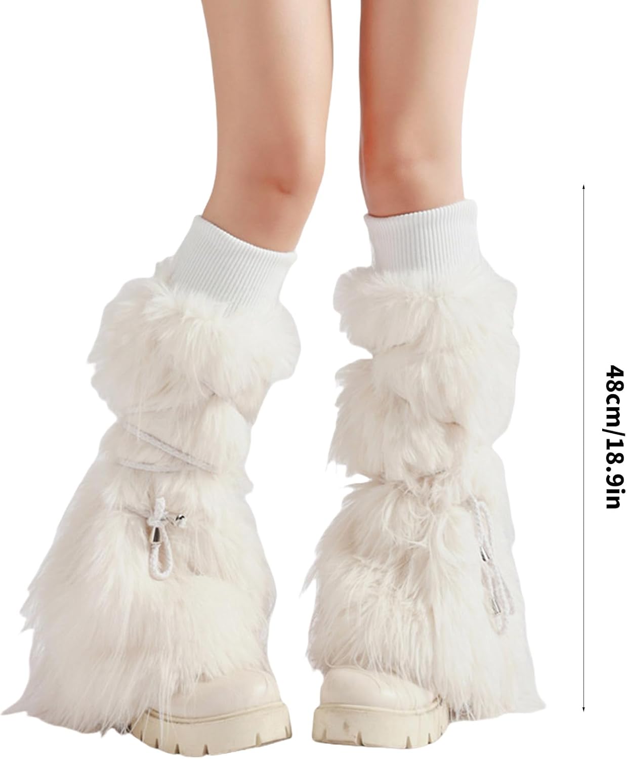 Women Aesthetic Ribbed Cuffs Plush Leg Warmers with Ties Bandage Furry Boot Covers Flared Leg Sleeves Footless Socks