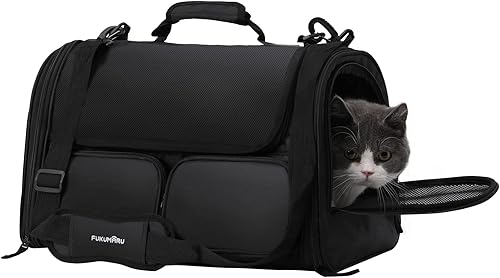 Vista 17 de FUKUMARU Transportador para gatos, 4 ventanas de malla para perros pequeños, 4 bolsillos de almacenamiento, bolsa de viaje para gatos de menos de 15