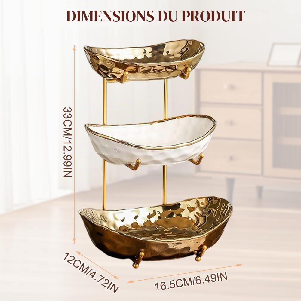 Corbeille à fruits, à 3 couches, en céramique, avec structure en métal, présentoir élégant pour servir des fruits, des légumes et des collations, bol décoratif pour cuisine et salon (trois couches de