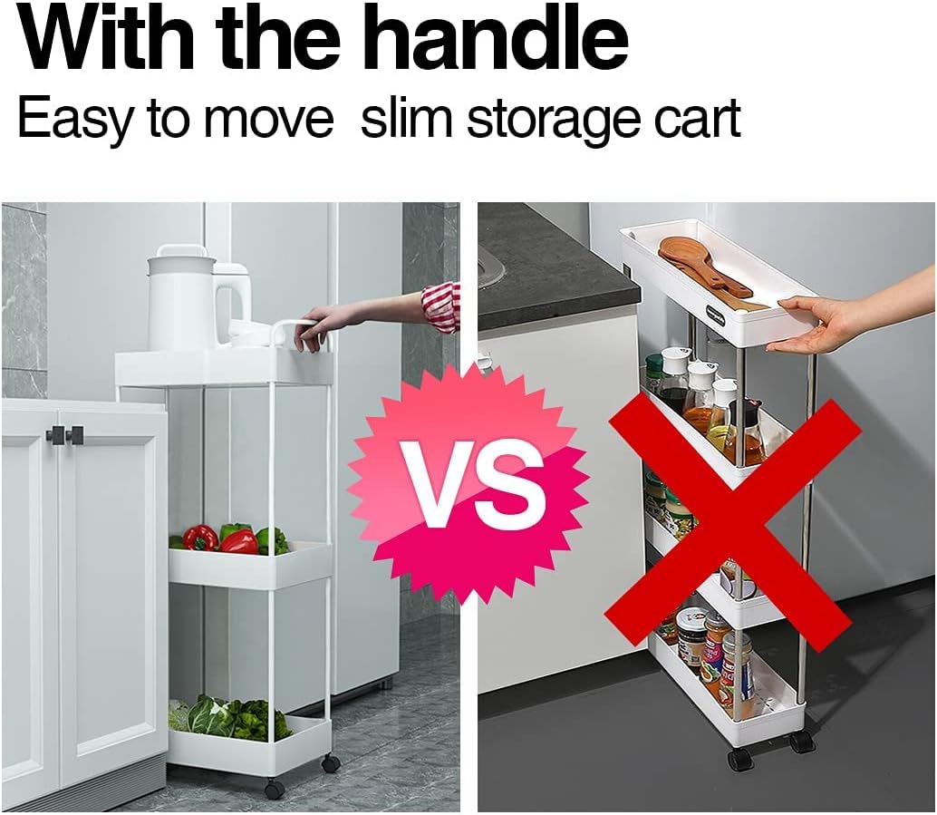 Conworld 3 Tier Rolling Storage Cart, 34 inchs Taller Version Narrow Bathroom Cart Organizer, Laundry Cart, Mobile Shelving Unit with Handle for Kitchen Laundry Room,Plastic & Stainless Steel,White