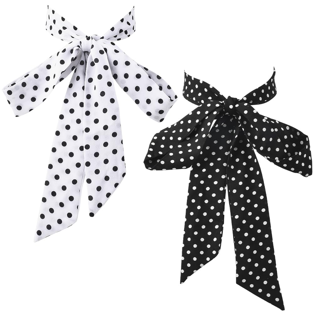 2Pcs 56 Inch Self Tie Bowties Womens Folding Bow Tie Ribbon Polka Dot Design Adjustable Chiffon Bow Neckties for Wedding Sash Belt Uniform School Office Cosplay Dress Party Clothes Accessory