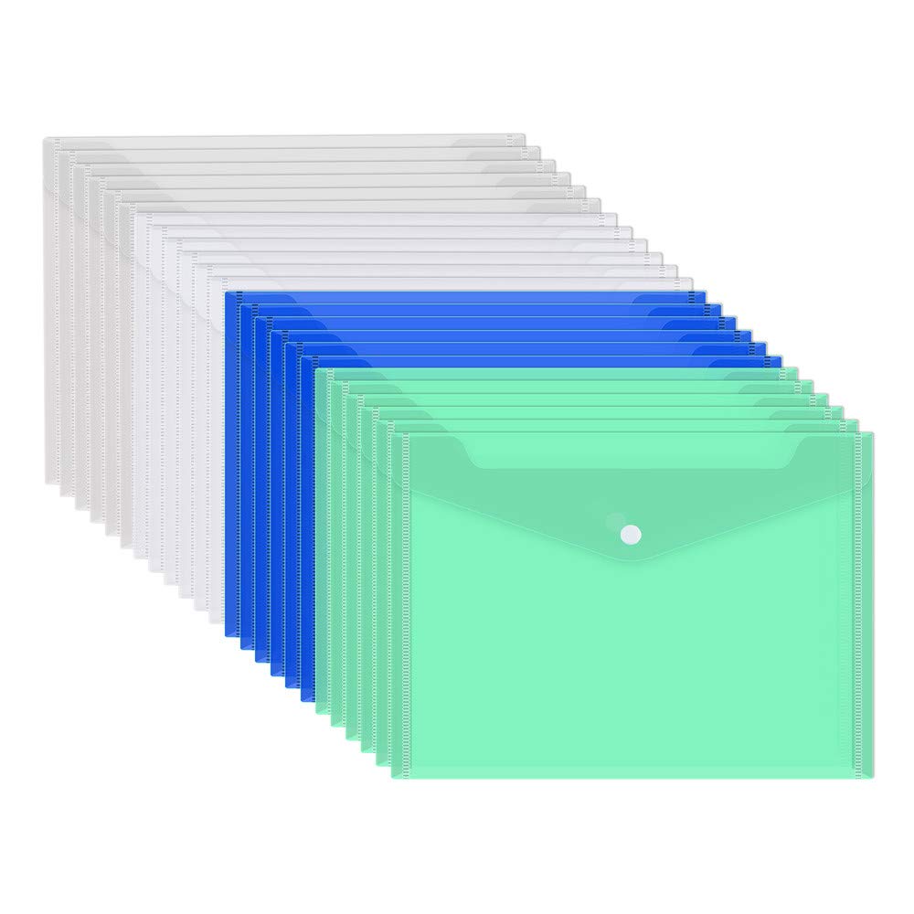 24 Pack A4 Plastic Wallets Folder Foolscap Document Files Popper Wallets with Button Closure 4 Colors Thicker Style for Student School Office