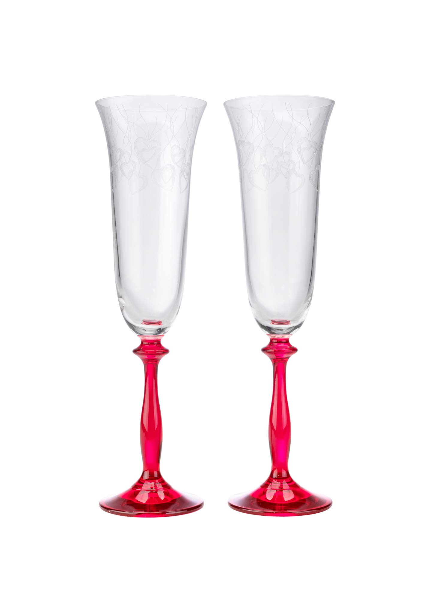 Crystalex Bohemia LOVE 6-Ounces Crystal Champagne Glass Set with a Red Stem, Footed Sparkling Wine Glass Set, Romantic Crystalware Gift, Stemmed Flutes Set, 2 Piece Set