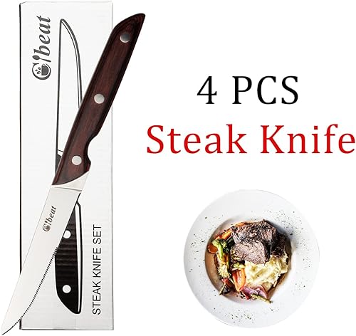 Miniatura 3 de Juego de 4 cuchillos para carne de primera calidad, cuchillo para carne dentado con mango de madera, 4 cuchillos profesionales para carne, juego de