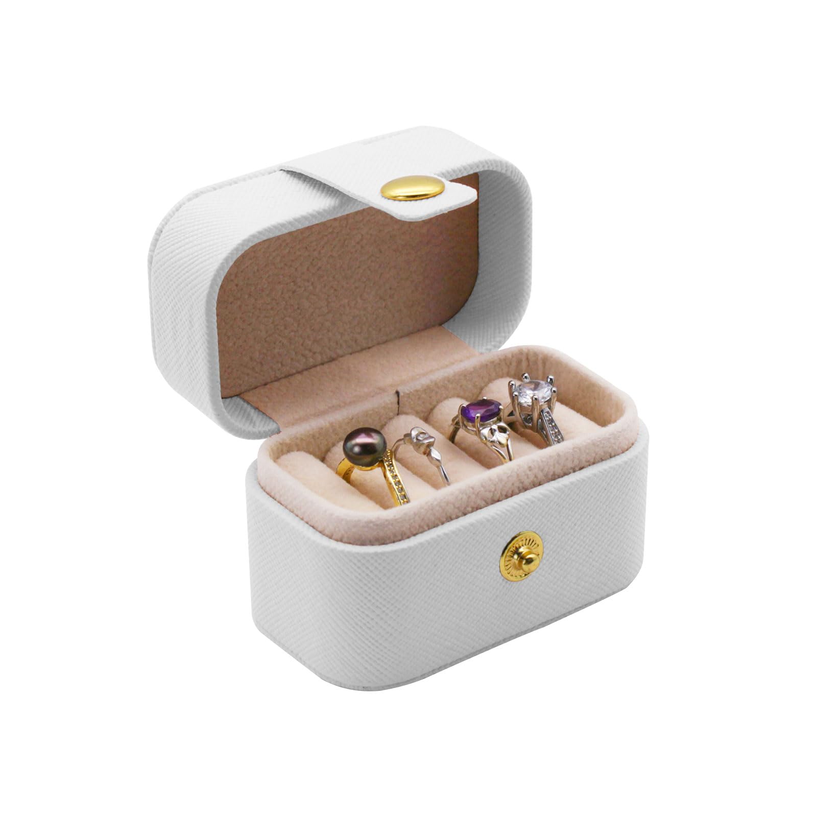 AfitLulu Caja para Anillos de Viaje, Joyero Viaje Caja Anillo Compromiso de Piel Sintética con 4 Ranuras, Portátil Joyero Anillos Ring Box para Viajes, Uso Diario (Blanco)