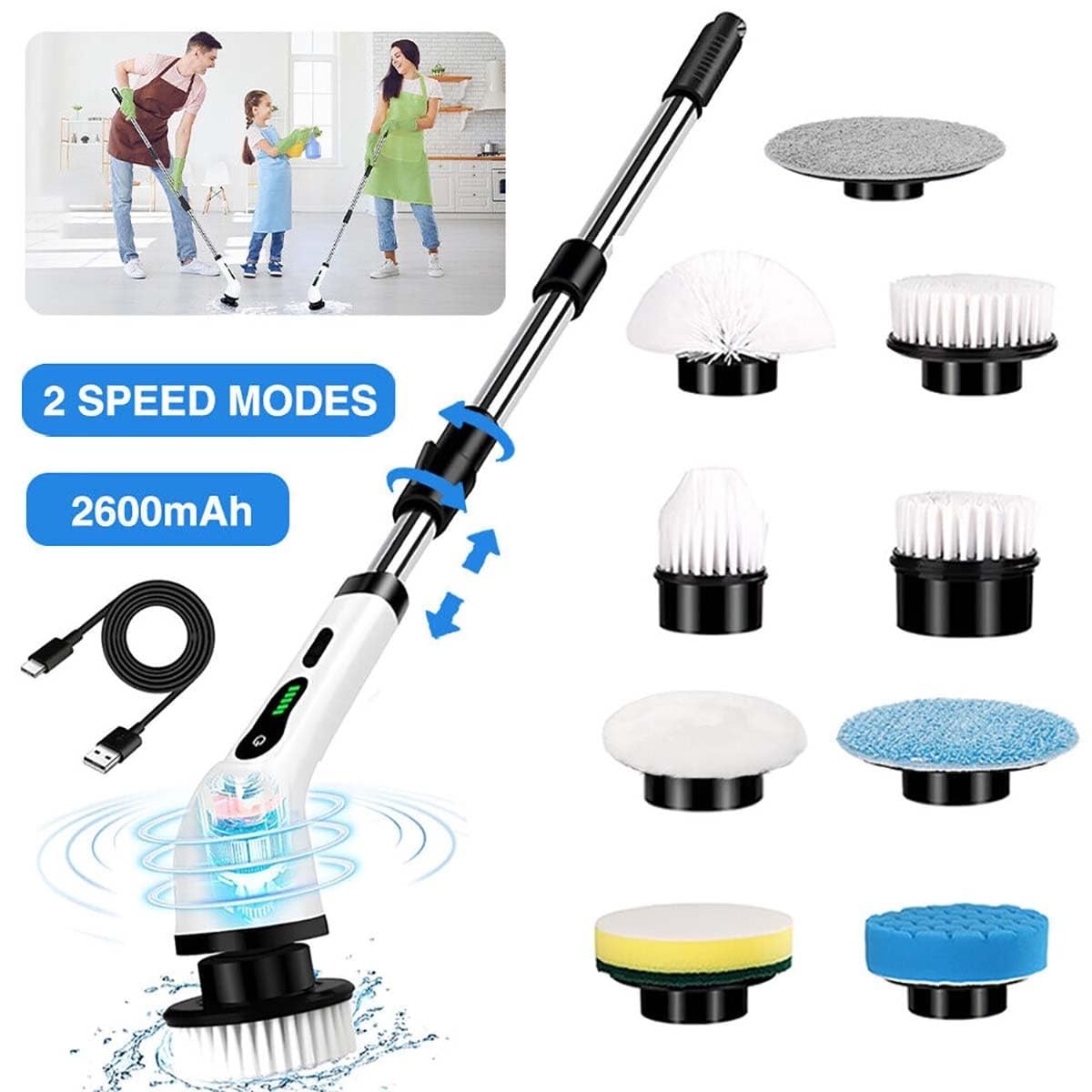 Fregadora Eléctrica Giratoria De Mano, Potente Cepillo De Limpieza Turbo Ajustable 360 ​​con Mango Ajustable, Cepillo De Limpieza Inalámbrico Recargable For Baño, Cocina, Coche, Azulejo, Pared, Bañera