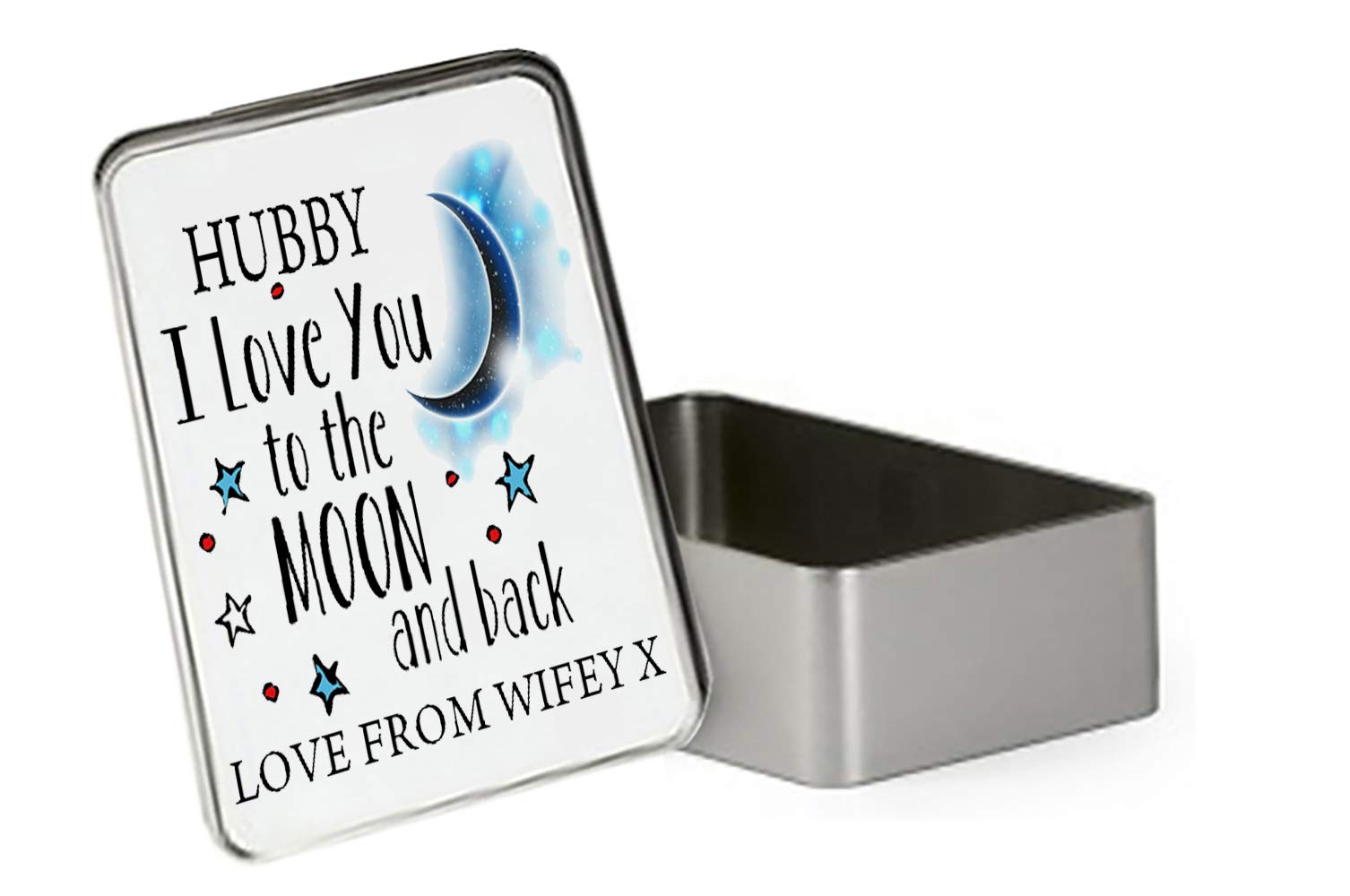 Giftme Hubby I love You To The Moon And Back Portable Metal Tin Storage Box Biscuit Chocolate Tin Emergency Stuff Tin Birthday Present. (Rectangular)