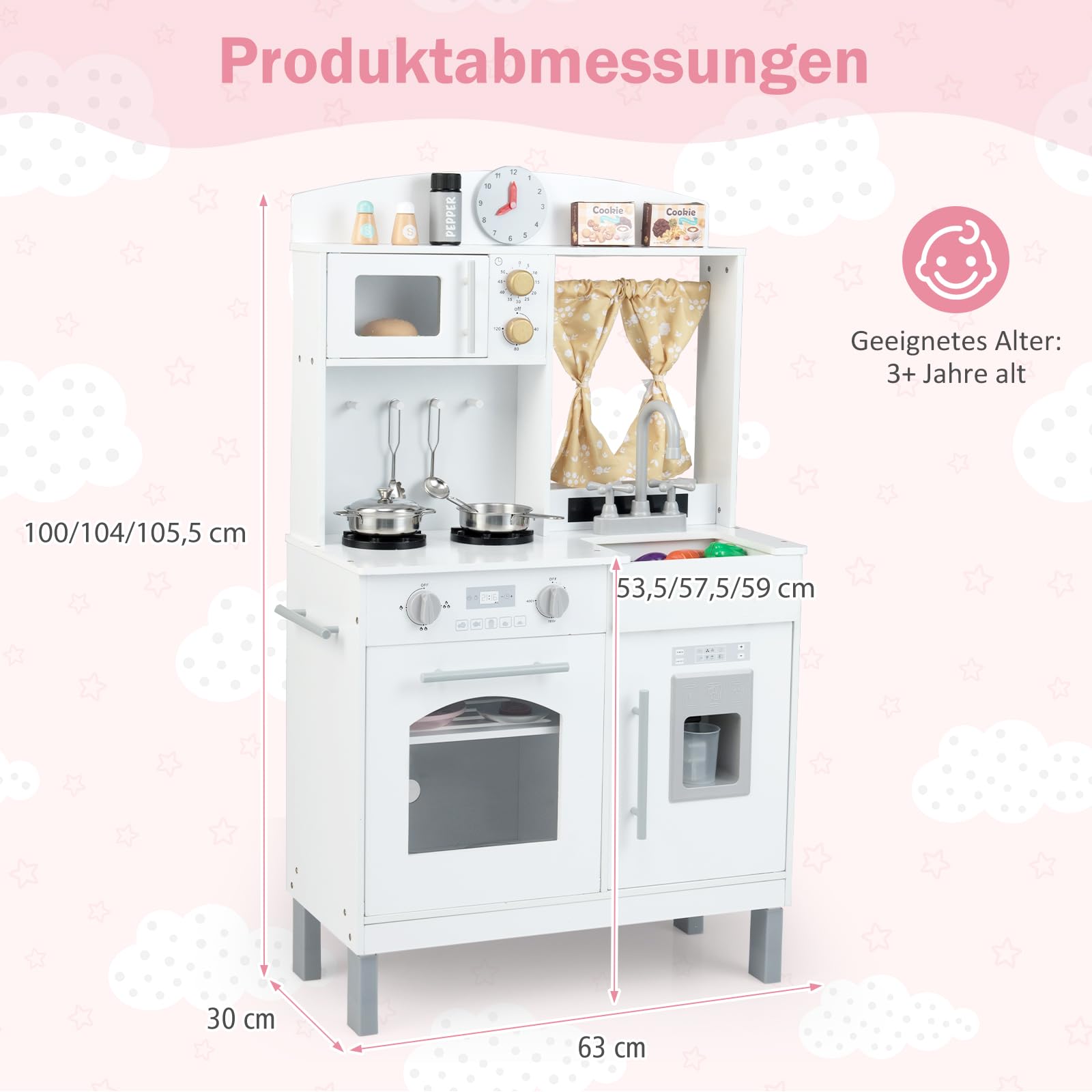 COSTWAY Kinderküche inkl. Zubehör, Spielküche höhenverstellbar mit Mikrowelle, Herd, Spüle, Ofen & Eismaschine, Spielzeugküche Holzküche für Kinder ab 3 Jahren