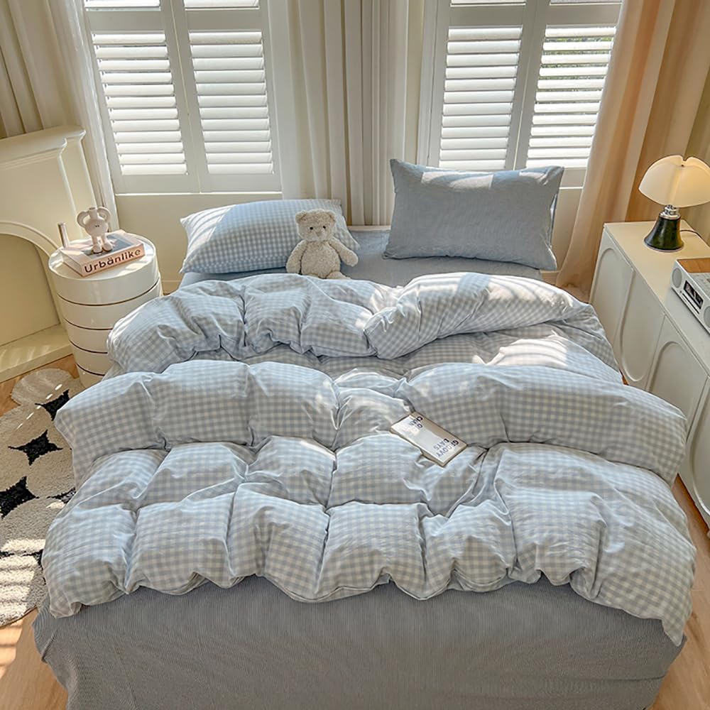 biancheria da letto, 220 x 240, in microfibra, motivo geometrico a quadri, stile country, con fantasia a quadretti, rinforzata, in microfibra lavata, copripiumino e 2 federe per cuscini da