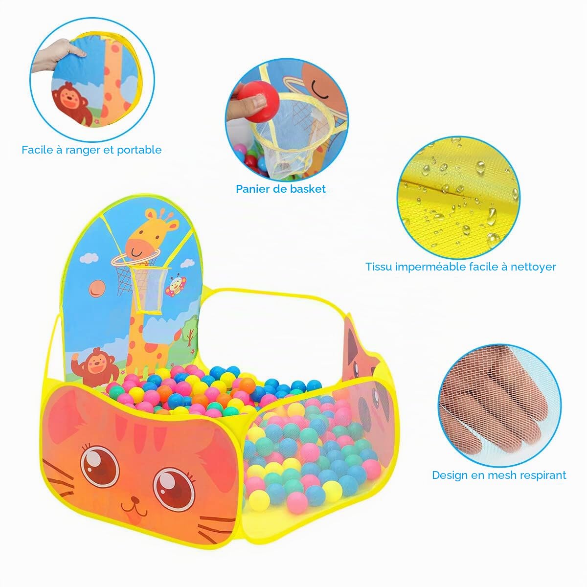 Piscine à Balles Enfant, Ruspela Tente de Jeu Pliable pour Enfants avec Panier de Basket-Ball Jaune Pop Up Intérieur et Extérieur Tente Piscine Balles Pliable 120 x 102 x 74cm