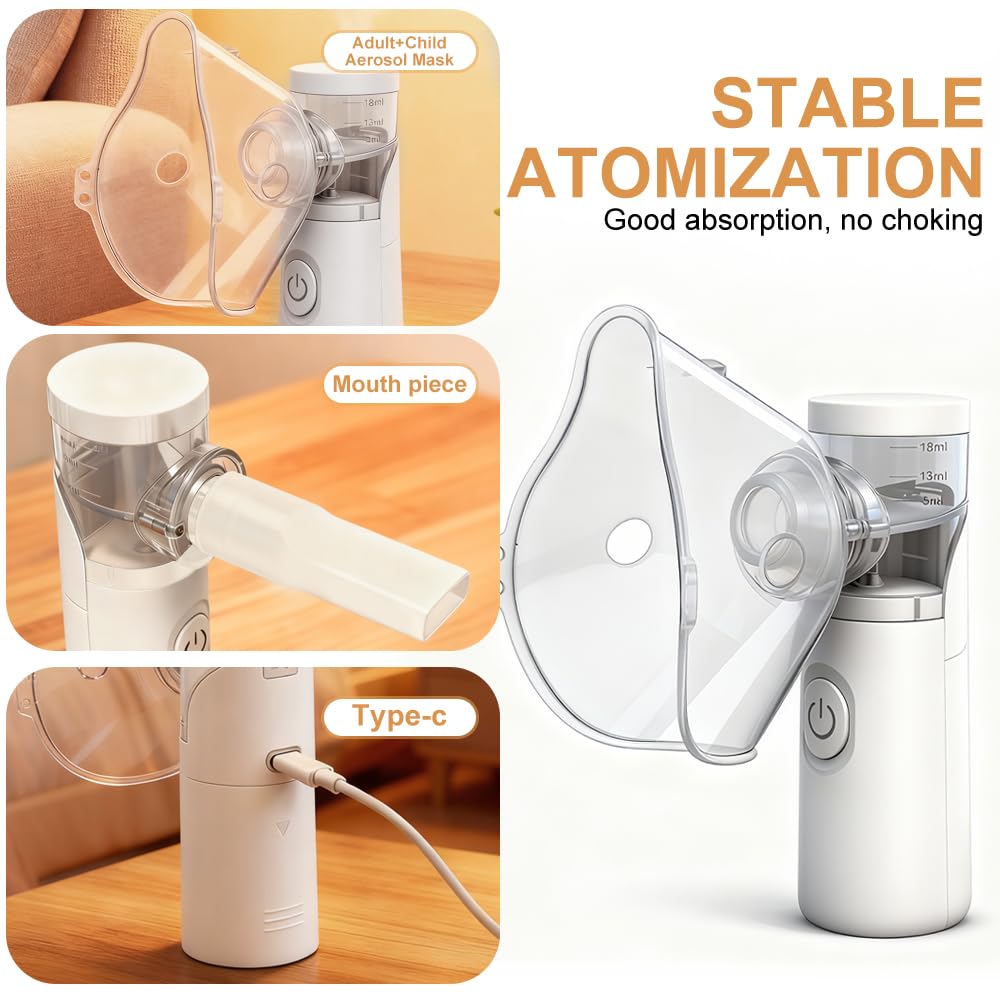 Nebulizador portátil silencioso recargable,atomización y absorción eficientes, adecuados para adultos y niños,accesorios con 2 máscaras y 1 boquilla,uso familiar y viajes (Blanco)