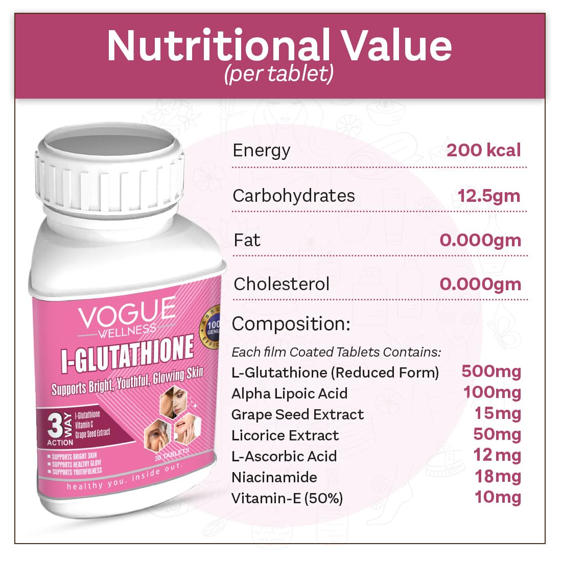 Vogue Wellness L-Glutathione Tablets 500Mg & Tummy Flux Tablets Helps In Constipation Relief, Stomach Cleanser, Diarrhea, Bloating & Acidity, Improve