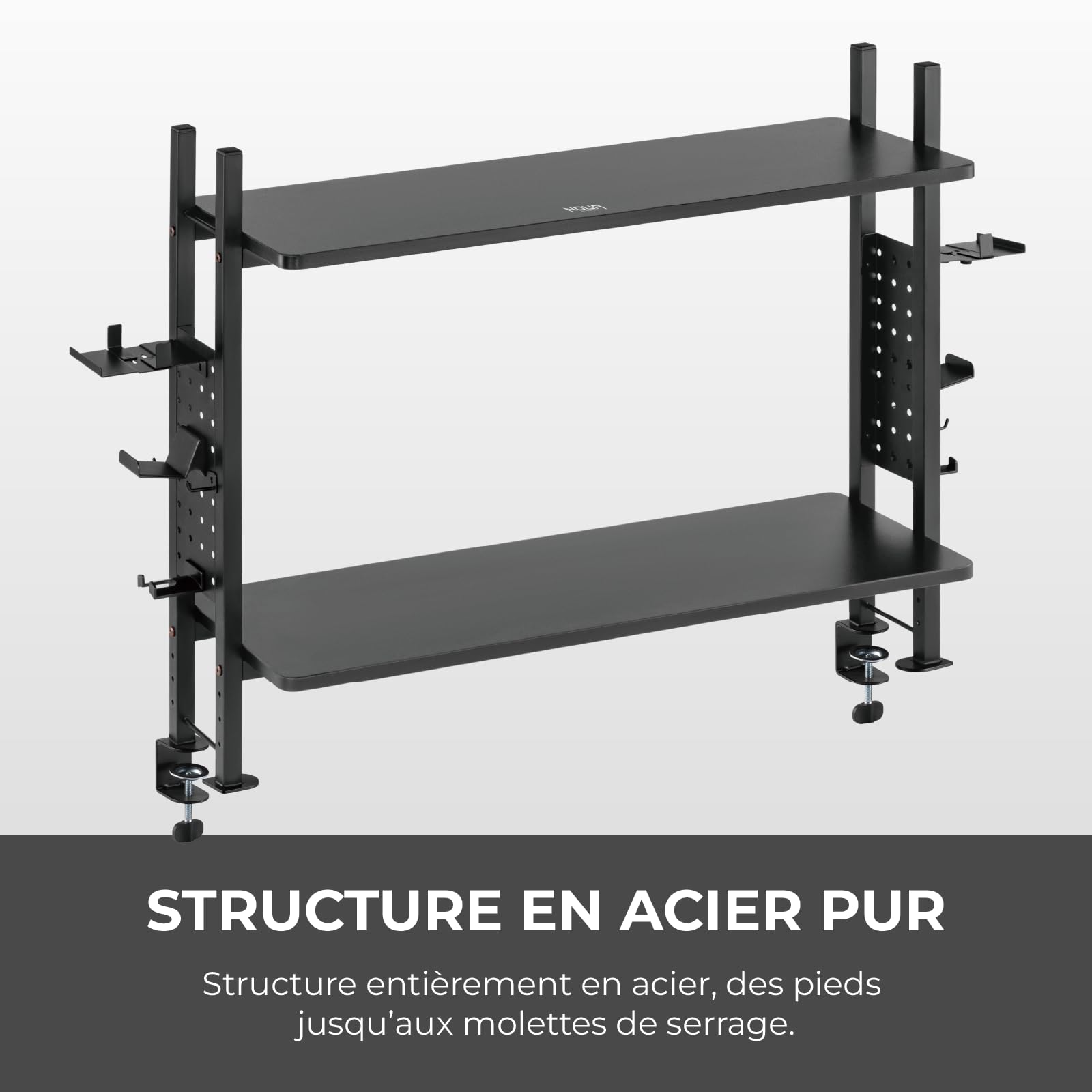 Noua Lash Scaffale con 2 Mensole da Scrivania con Morsetto, Organizer per Scrivania Gaming Regolabile, Scaffale Libreria Multiuso per Ufficio e Casa