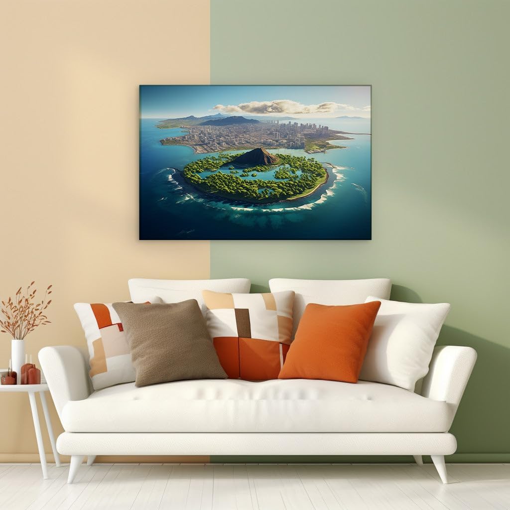 Canvas for Living room. Embrace Serenity in 3D � Heart-Shaped Tropical Island Oasis Meets Urban Skyline, 27 x 18 inch Canvas Wall Art - Contemporary Masterpieces - Botanical Home Decor