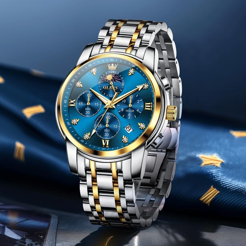 OLEVS Watch for Men Diamond Business Dress Analog Quartz Stainless Steel Waterproof Luminous Date Two Tone Luxury Casual Wrist Watch Blue - Image 9