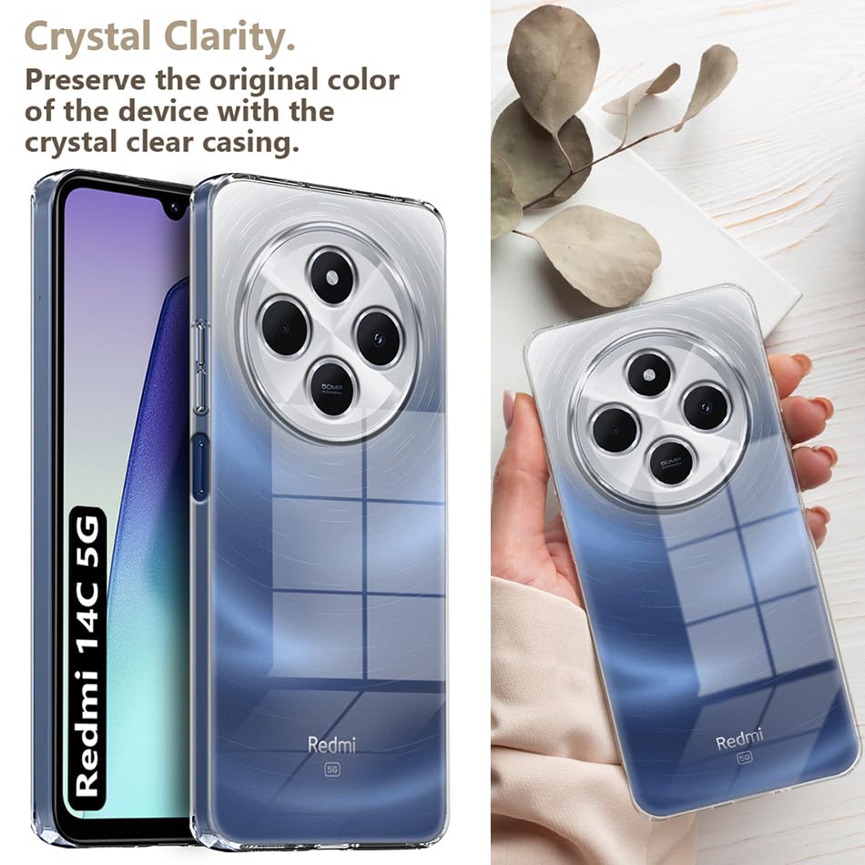Image of Fashionury Crystal Clear Case for Redmi 14C 5G | Yellowing Resistance | Transparent TPU Silicone | Raised Camera Lips | Slim Transparent Cover