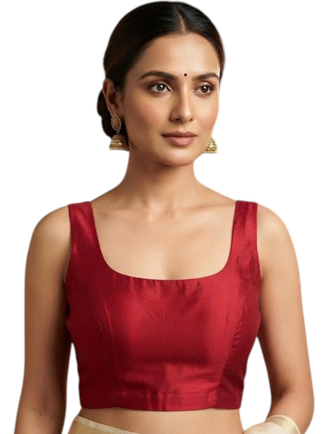 biyu Red Silk Saree Blouse, Sleeveless Round Neck-picture-29