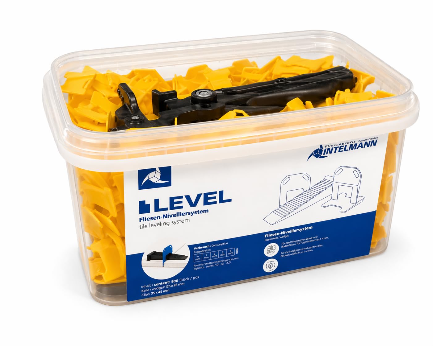 Intelmann Sistema di livellamento piastrelle / 1,0 mm / 125 linguette + 125 cunei + pinze