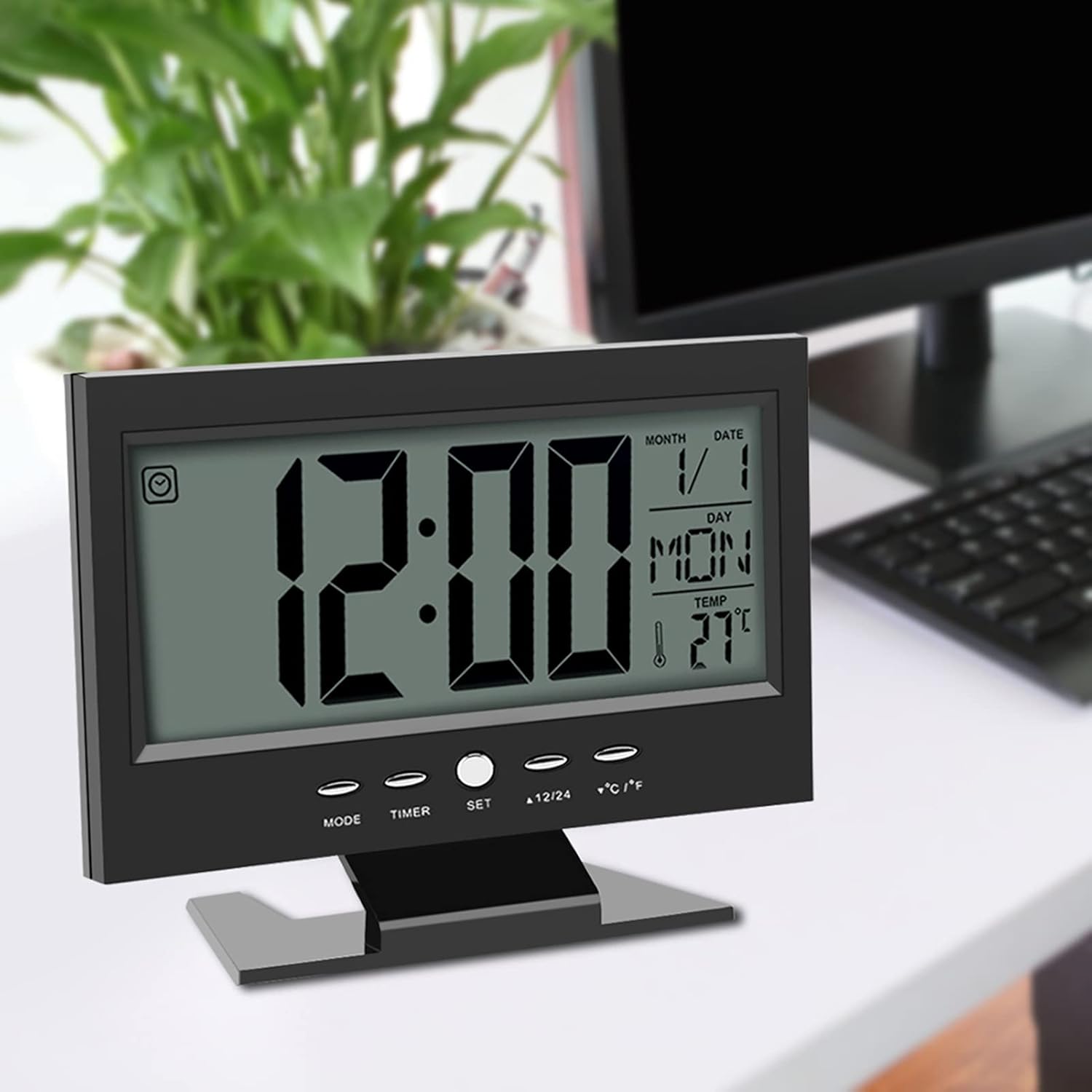 AYNEFY Table Clock,LCD Display Digital Sound Sensor Desk Alarm Clock with Smart Night Light and Snooze Time/Calendar/Temperature Display for Bedroom(Black)