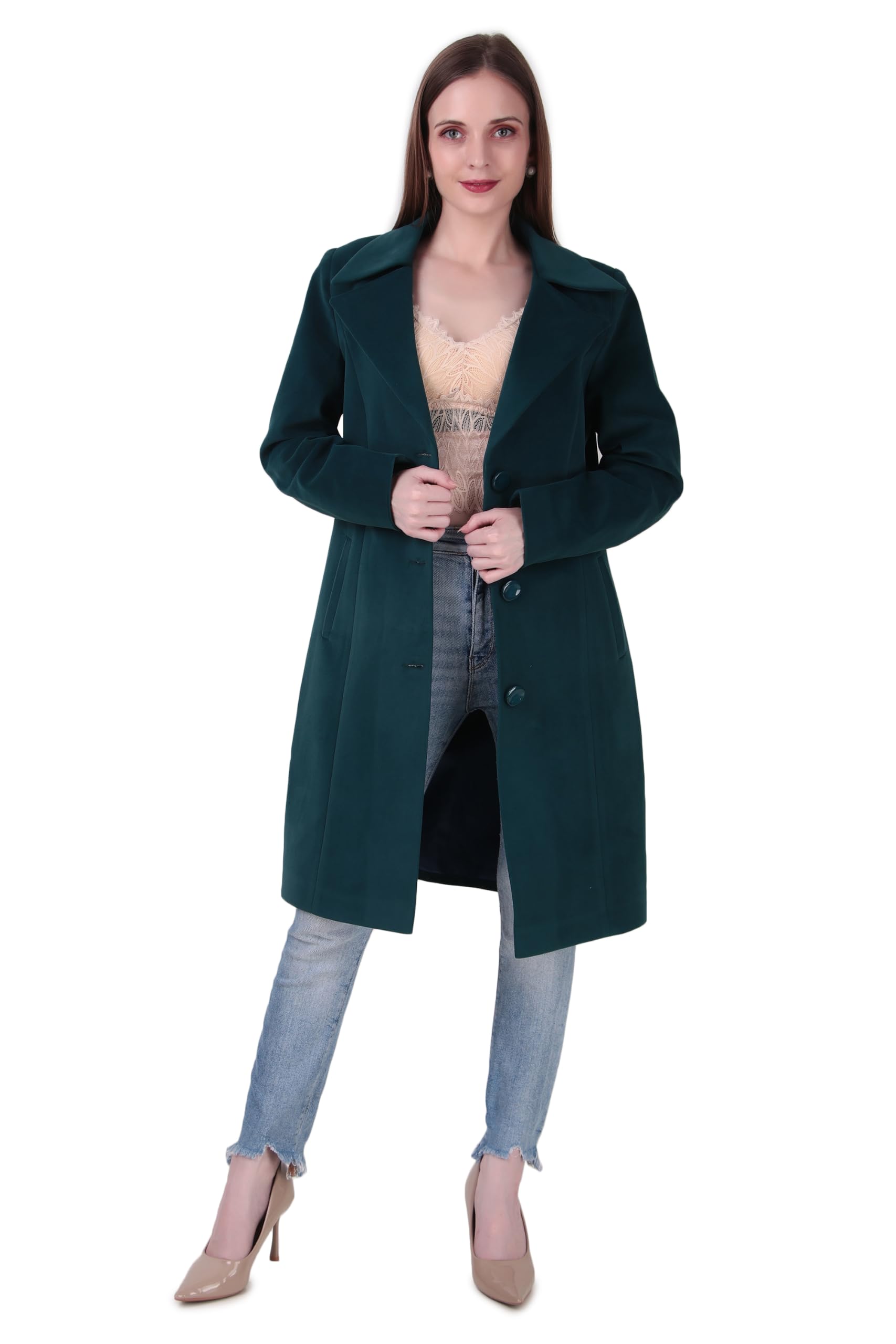 Women's Classic Lapel Pea Coat | Single-Breasted Mid-Length Winter Overcoat with Button Closure, Full Sleeves & Side Pockets | Regular Fit Stylish Outerwear | Dark Teal Green-picture-12
