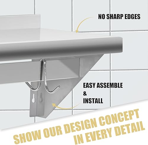 Miniatura 6 de HALLY Estante de acero inoxidable con 6 ganchos de 12 x 48 pulgadas, estante flotante comercial NSF para almacenamiento de ollas colgantes,