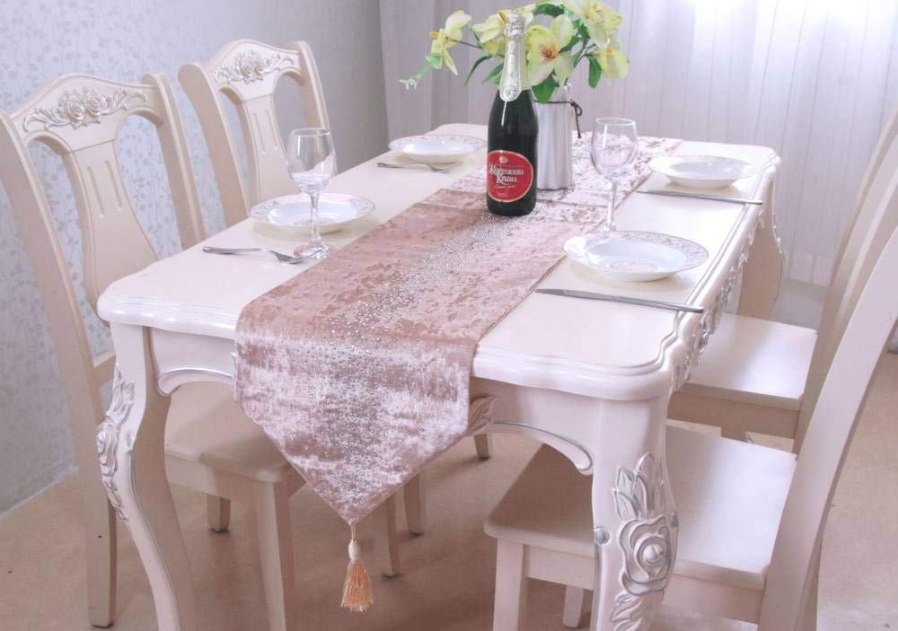 Runner Da Tavolino,Tovaglia Champagne Di Lusso Con Strass In Velluto Europeo Nappa Squisita Elegante Stuoia Decorativa Scintillante Per Sala Da Pranzo Per Feste Di Matrimonio, 12,6 × 106,3 Pollici