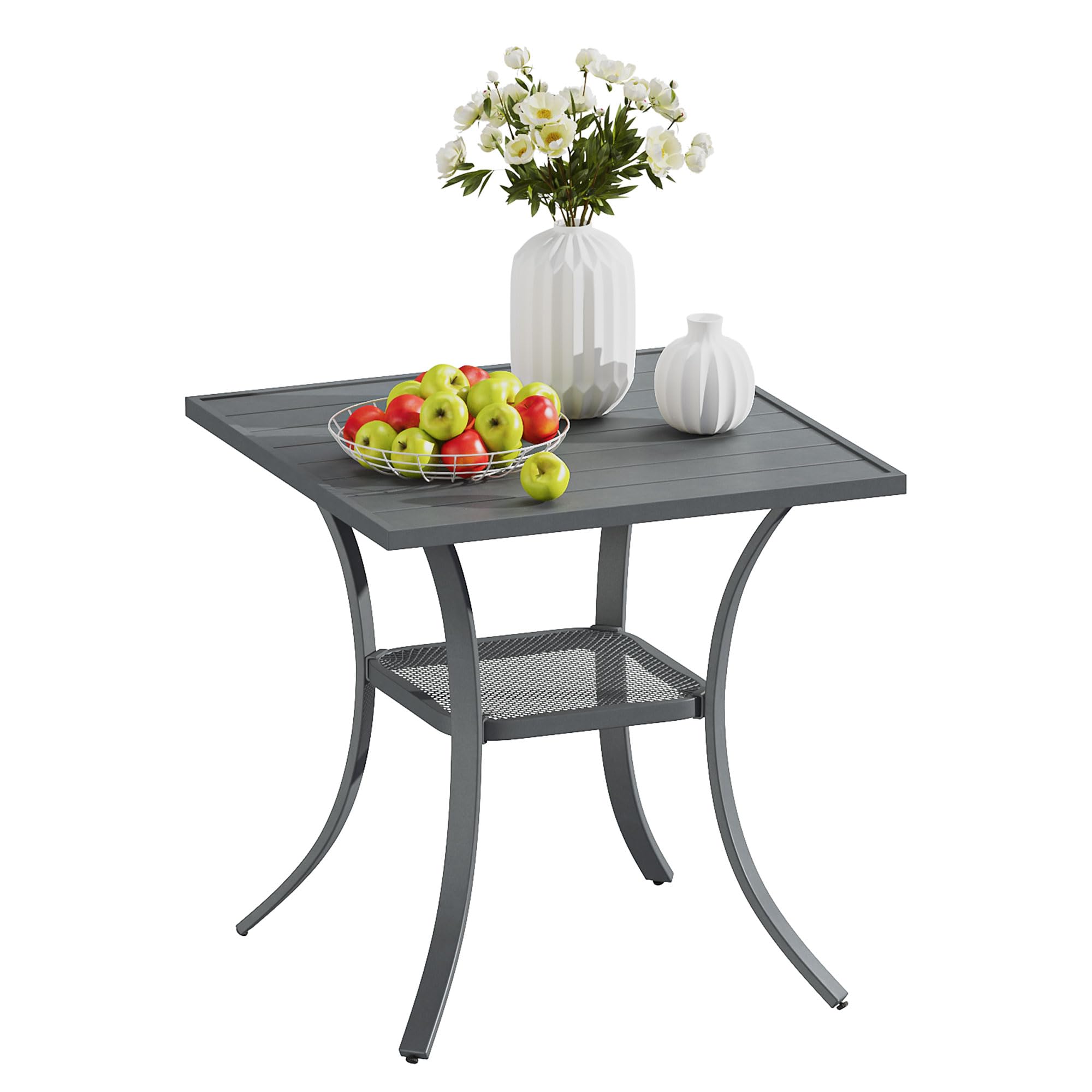 VICLLAX Small Patio Dining Table, 28"x 28" Square Metal Slatted Table with Storage Shelf for Front Porch Deck Lawn Garden, No Umbrella Hole, Dark Grey Tabletop