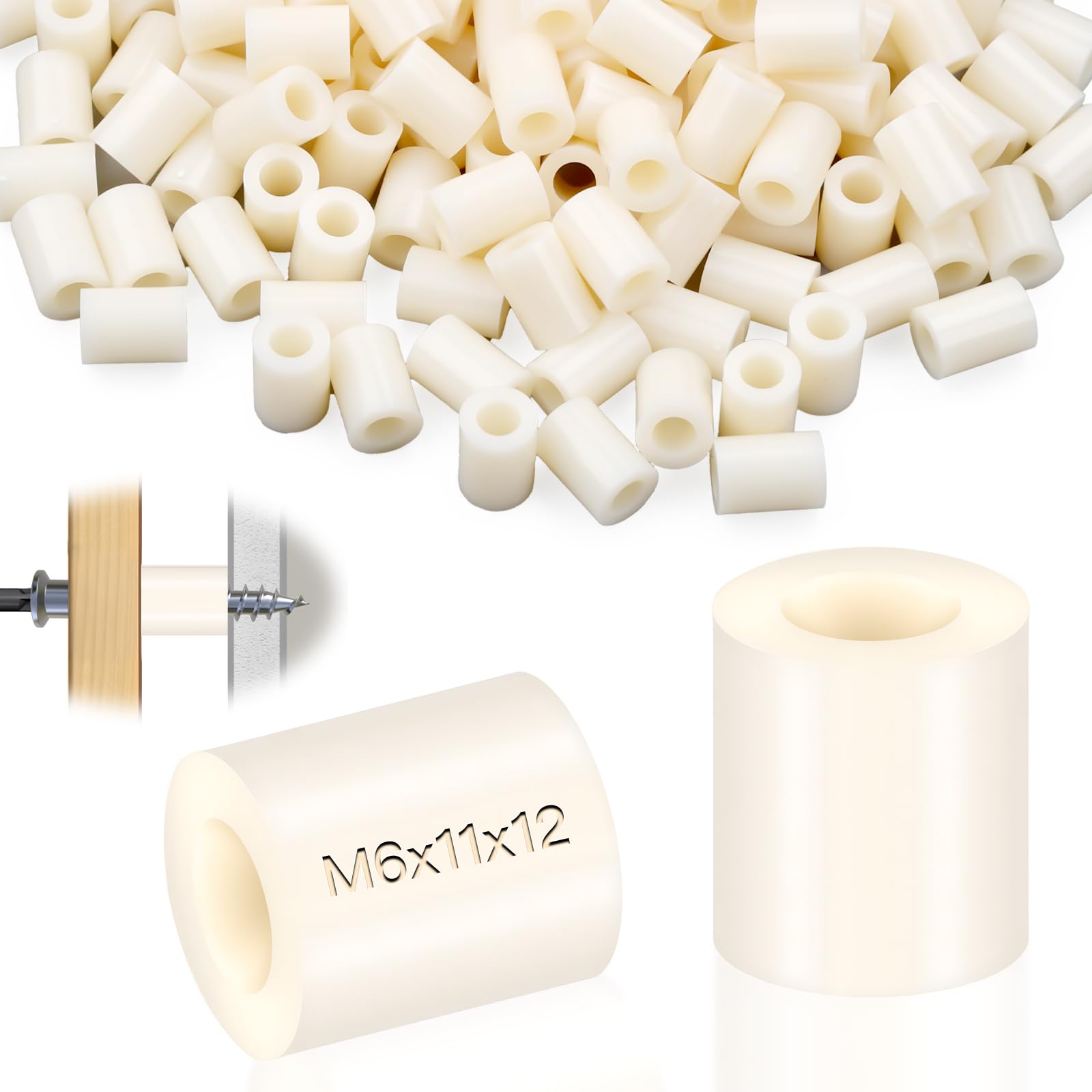 mawmuaw Plastic Spacers M6, 50 Pcs Nylon Spacers ABS Round Washers 11x12 mm Non Threaded Insulation Column Standoff Support Washer White for M6 Screws