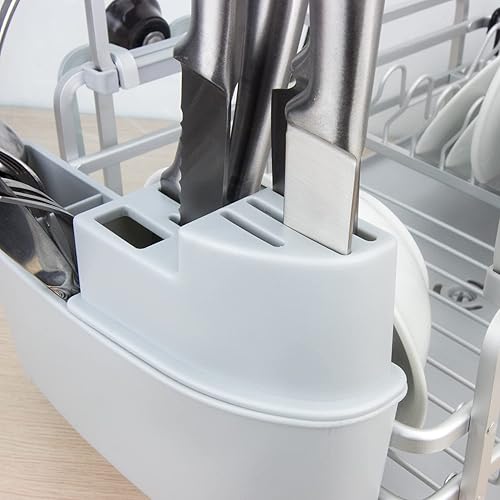 Miniatura 9 de Evelyne GMT-10353-B - Escurridor de platos de aluminio con soporte para utensilios, 2 niveles para encimera de cocina a prueba de óxido, juego de