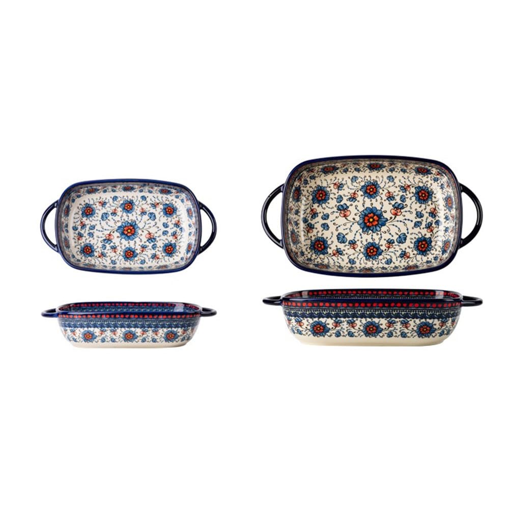 Plat à cocotte Lot de 2 moules à pâtisserie rectangulaires vintage motif floral en céramique double poignée Plaques de four