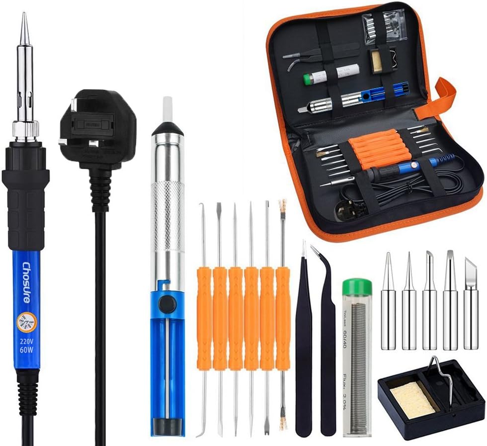 Chosure Soldering Iron Kit Full Set 60W 220V with Adjustable Temperature Welding Iron, 5pcs Tips, Desoldering Pump, 2pcs Tweezers, Tin Wire Tube, Stand and 6pcs Aid Tools in PU Carry Bag