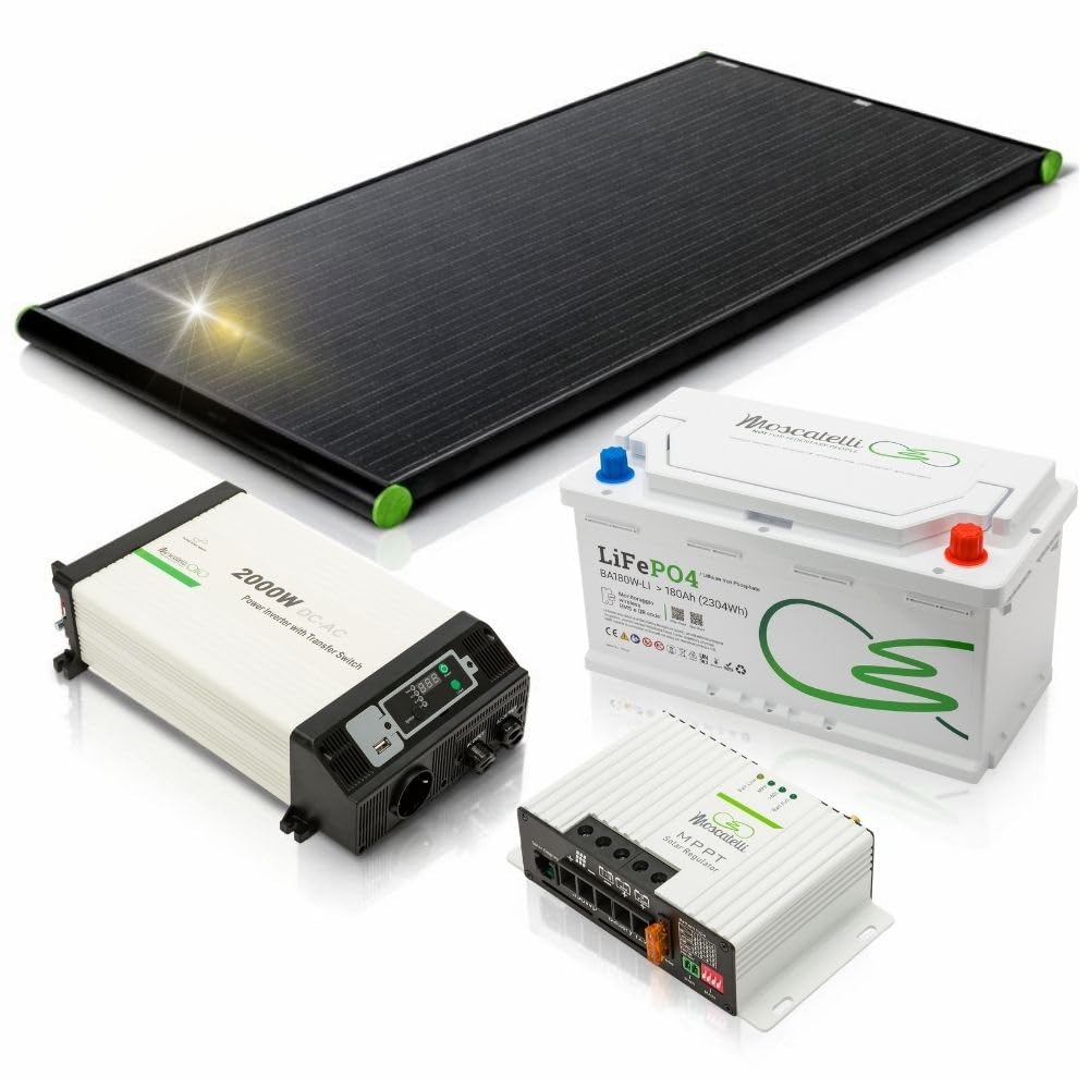 Kit Fotovoltaico Camper 200W Max con Batteria Litio e Inverter – Pannello Black Boost + MPPT 25A Bluetooth + Batteria LiFePO₄ 12V 100Ah + Inverter Onda Pura 2000W – MOSCATELLI