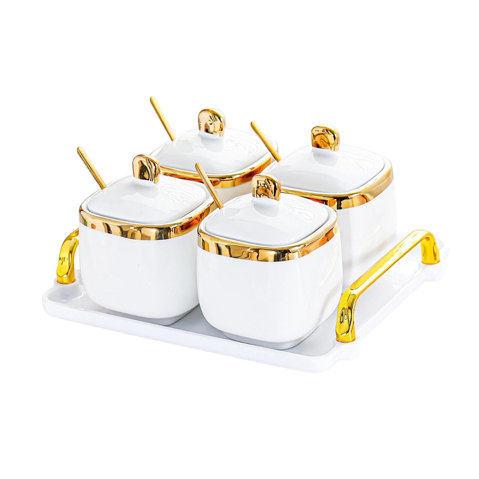 Récipient en Porcelaine pour Condiments, boîte à épices avec cuillère pour comptoir, 4 Pots d'or