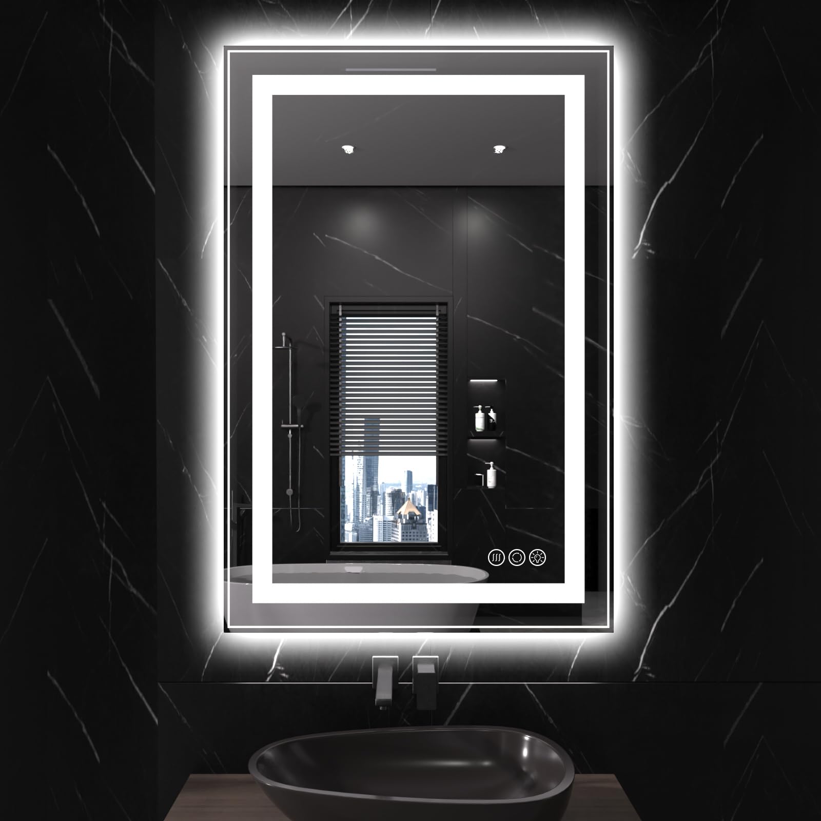 ANTEN – Espejo de baño LED con luces de 36 x 24 pulgadas, frontal y retroiluminado, espejo LED antivaho para montaje en pared, 3 c