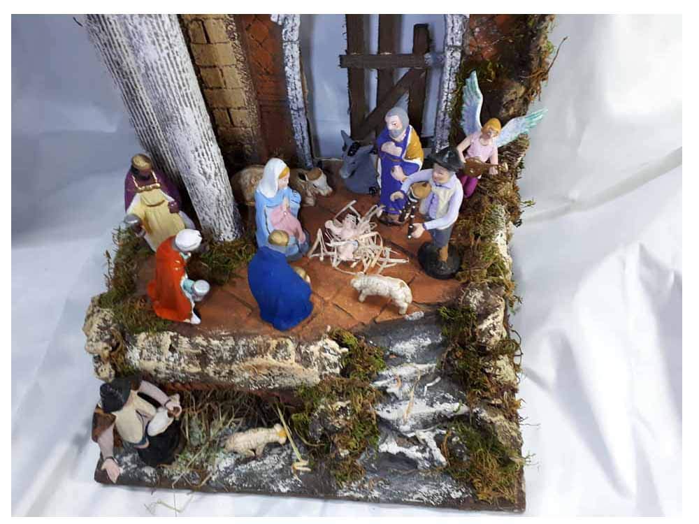 Presepe completo sughero e legno napoletano tempio con 10 pastori 10 cm crib 30x25 cm alto 50cm conj pastori terracotta statuine presepe ricevi un portachiavi S.G. ARMENO ARTIGIANALI nic 40
