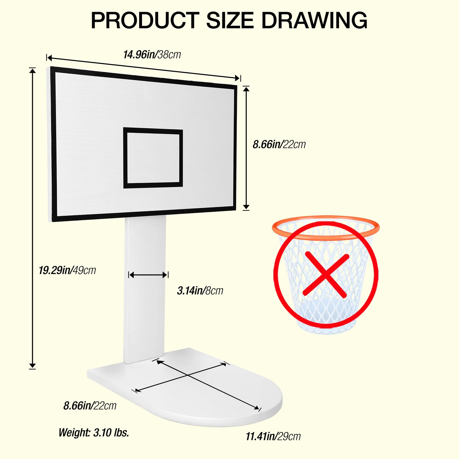 LXURY Basketball Hoop Trash Can, White Wood, Hoop Wastebasket for Home, Kitchen, Living Room, Bedroom, Office, Coffee Shop, Gym