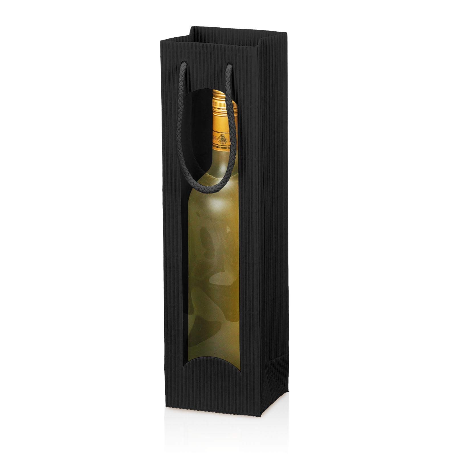 Flaschentaschen Welle Schwarz mit Fenster für 1 Flasche; Maße: 100 x 85 x 360 mm; VE: 20 Stk.