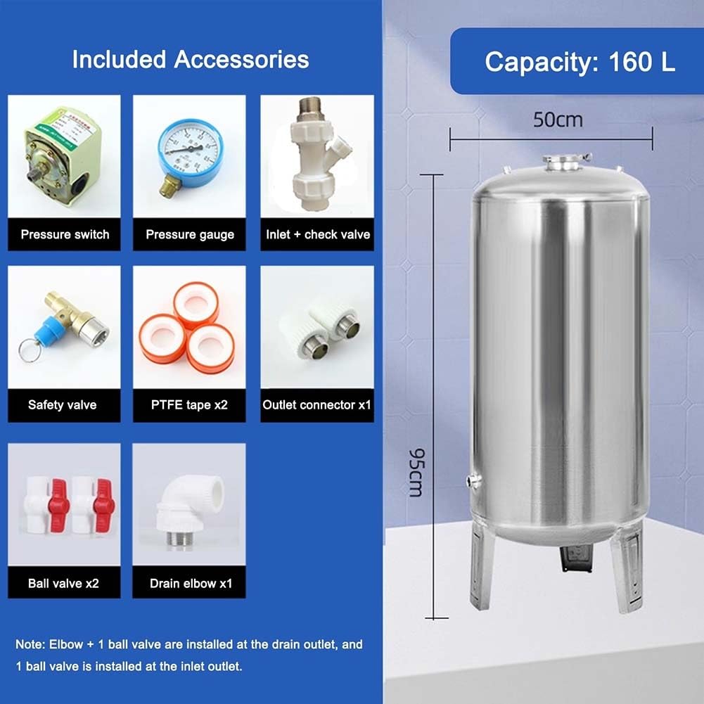 Tanque De Almacenamiento De Agua De Acero Inoxidable | Tanque De Presurización Automática Para Agua De Pozo,Depósito Vertical Presurizado(50x95cm/160L)